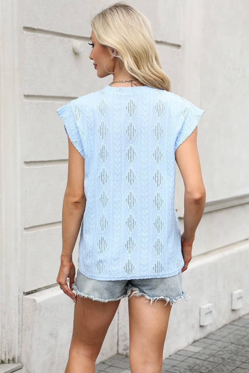 CWTBLS1696_ROUND NECK JACQUARD LOOSE SHORT SLEEVE TOP