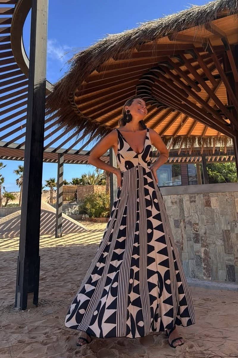 CWDHL1017_SUMMER V-NECK WAIST PRINTED SWING BEACH DRESS