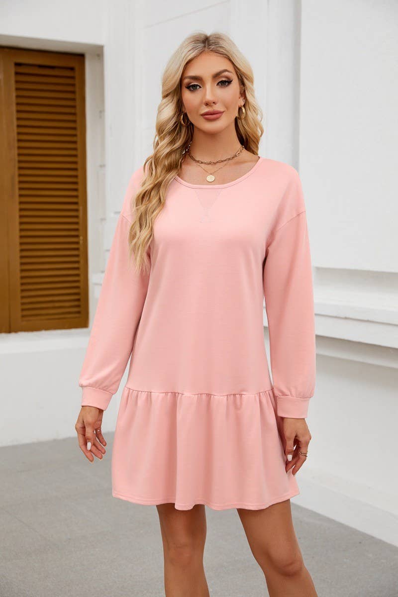 CWDSD8805_ROUND NECK LONG SLEEVE CASUAL DRESS