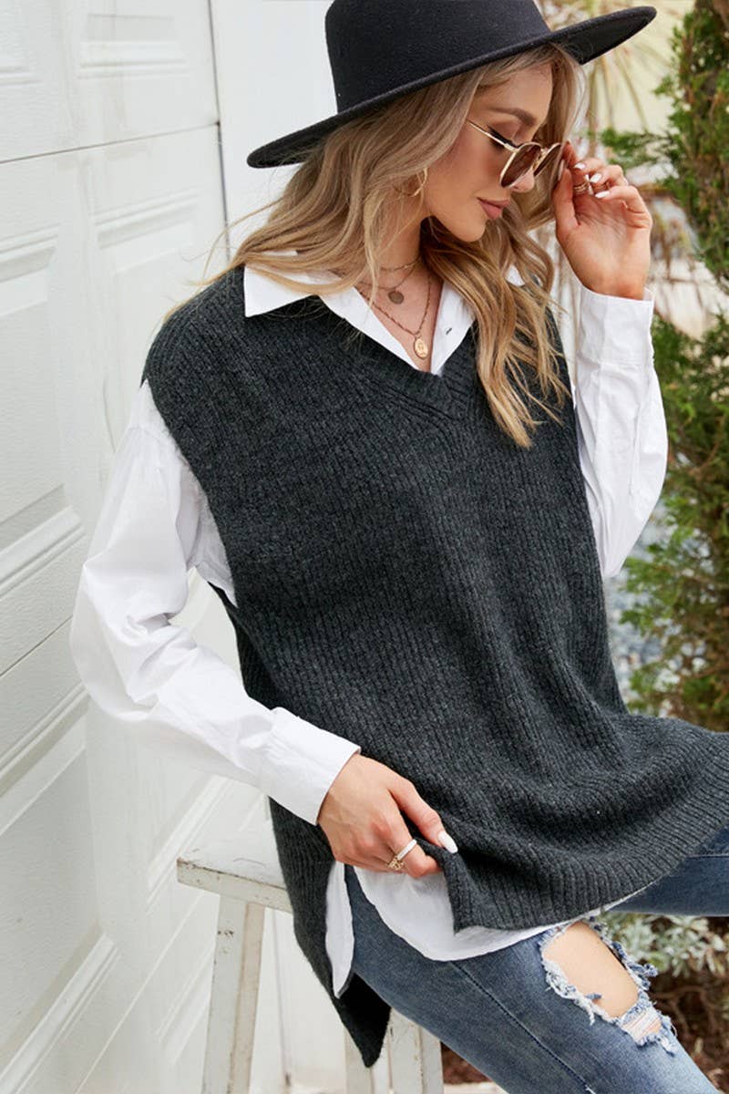 CWOSWSL0105_CASUAL MID-LENGTH SLEEVELESS V-NECK KNITTED TOP