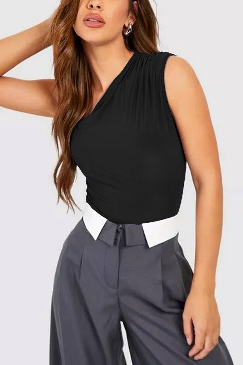 CWSBSSL0123_SEXY SLIM FIT ONE-SHOULDER RUCHED BODYSUIT