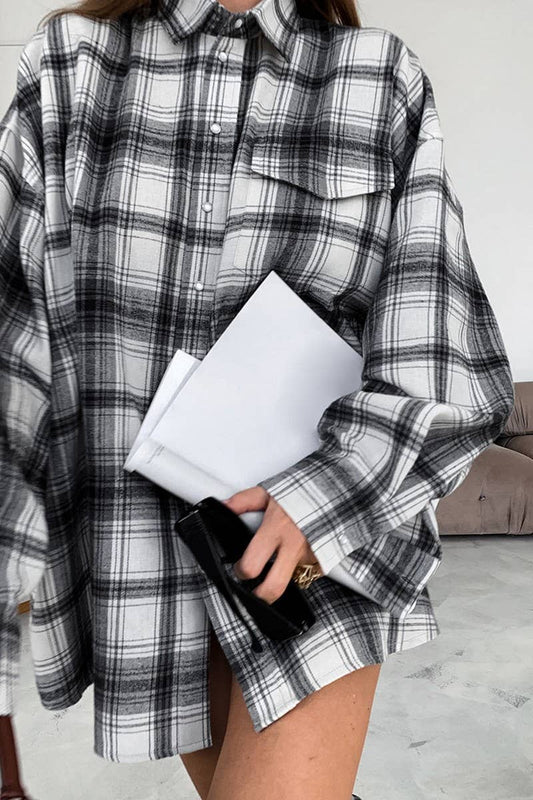 CWTBLL00617_RETRO BLACK AND WHITE PLAID LONG-SLEEVED SHIRT