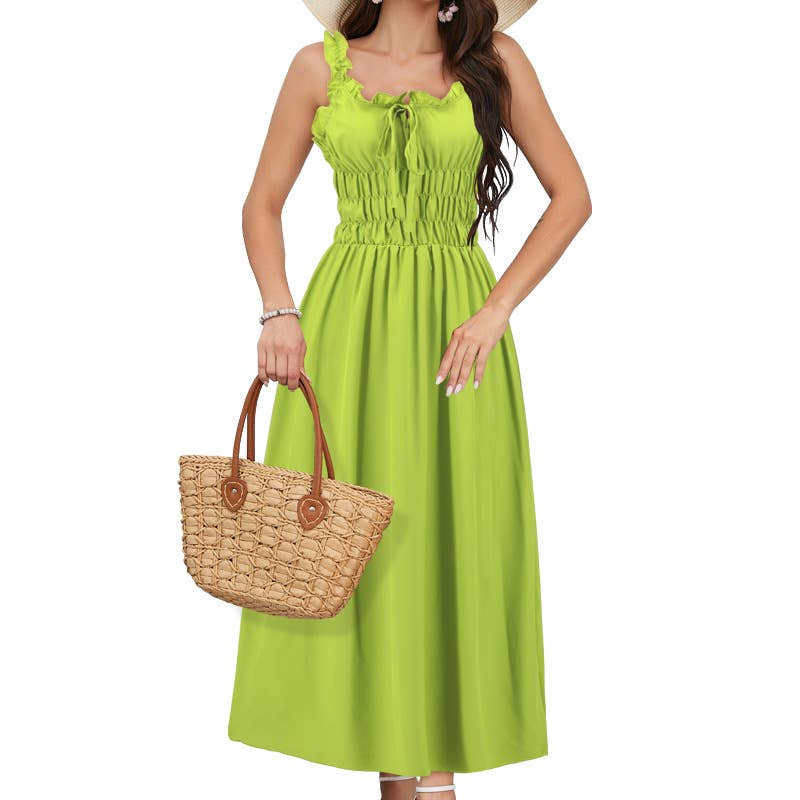 Casual Solid Color Waist-Tie Long Maxi Dress