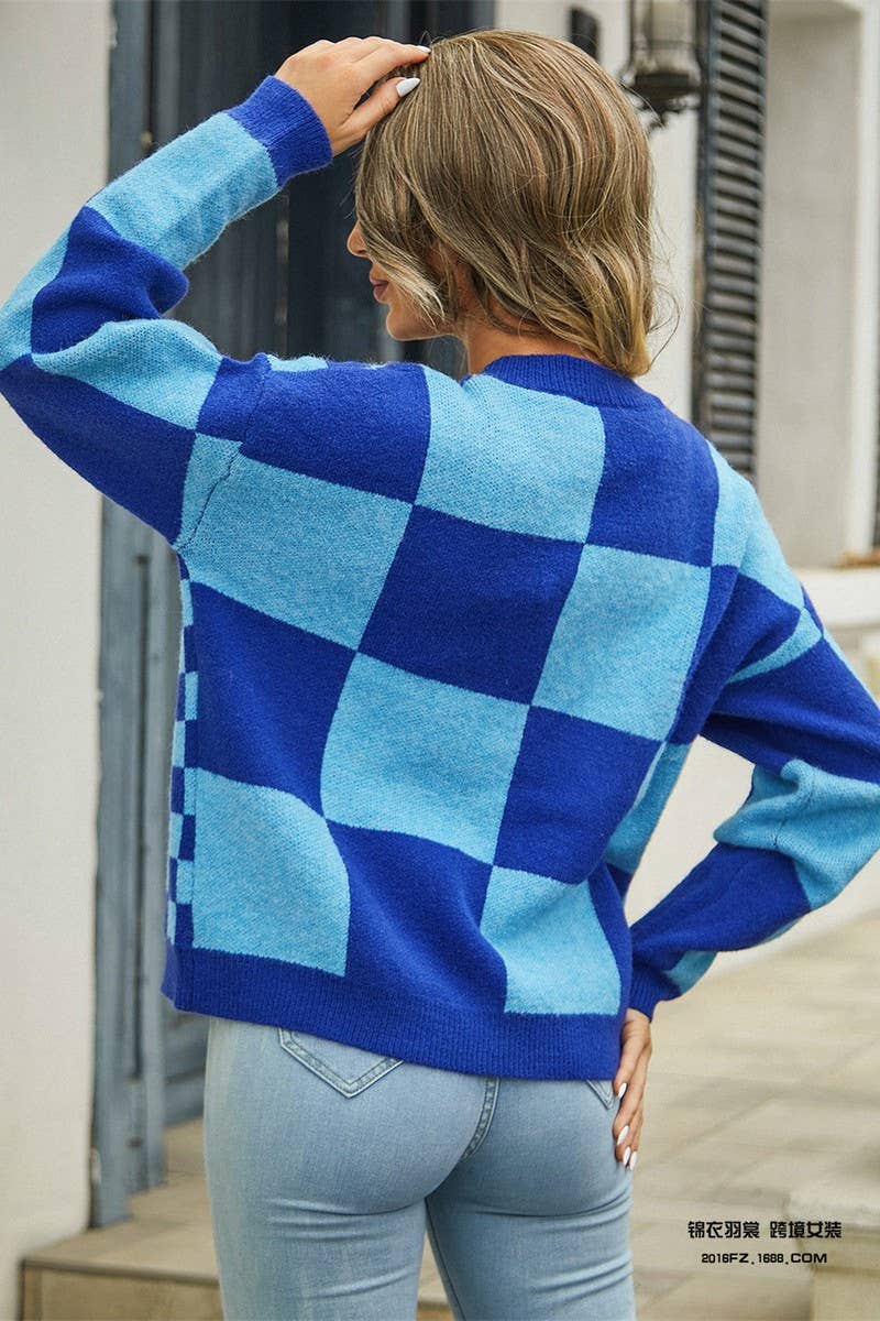 CWOCAL0925_PLAID PATCHWORK V-NECK SWEATER KNITTED JACKET