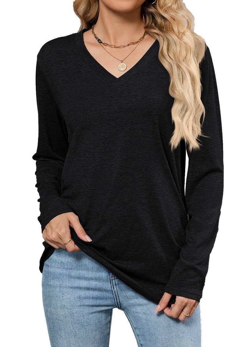 CWTTL00997_AUTUMN CASUAL V-NECK SOLID COLOR LOOSE T-SHIRT