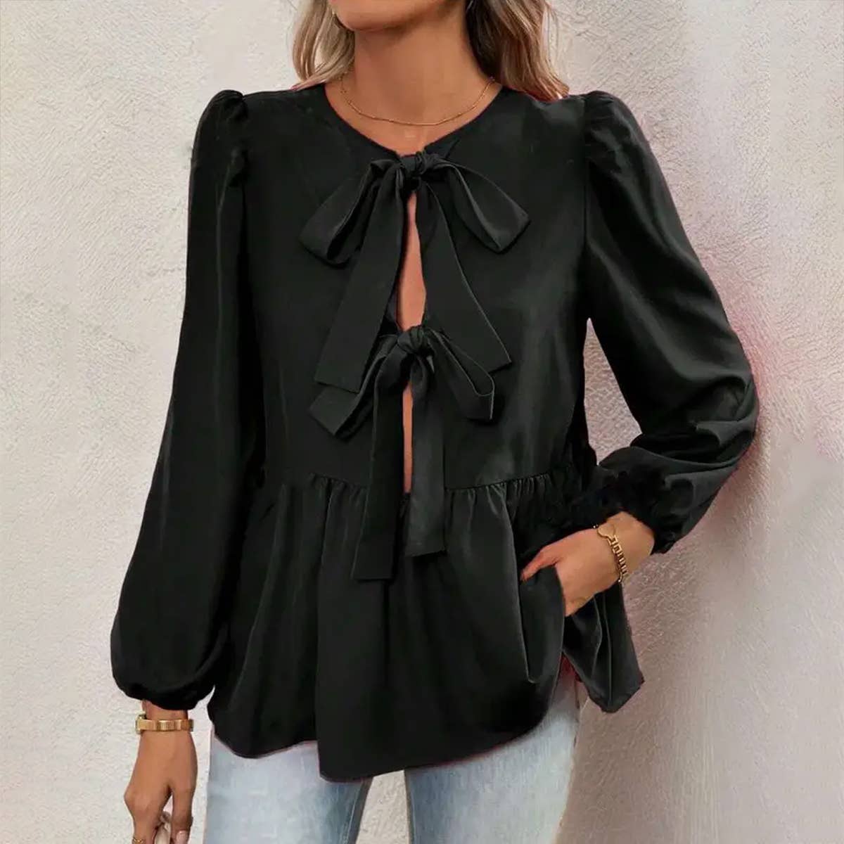 BOW LANTERN SLEEVE BUBBLE DOUBLE-SIDED SHIRT