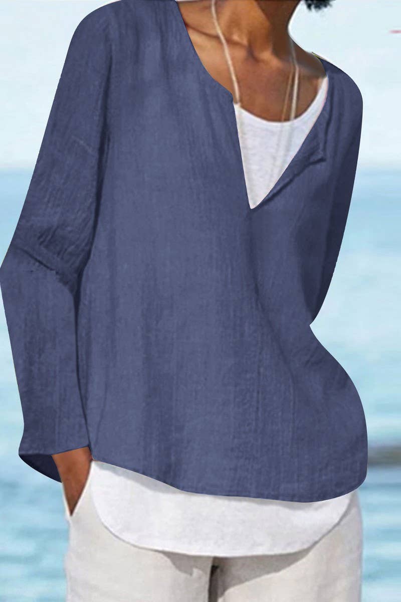 CWTTL01005_V-NECK SOLID COLOR LONG-SLEEVED WOMEN'S SHIRT