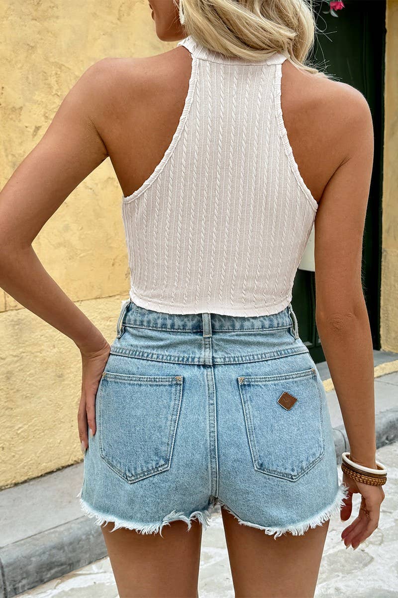 CWTHT0254_SOLID KNIT HALTER NECK FRINGE BOHO TANK TOP