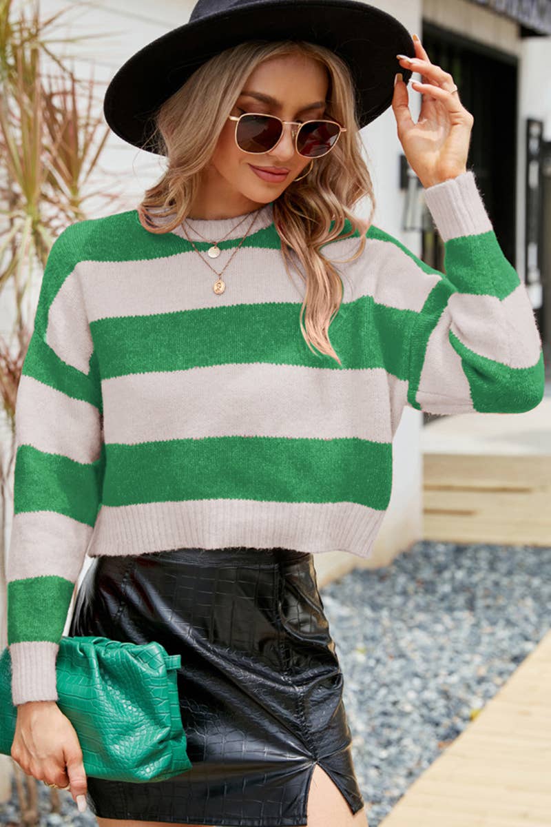 CWTSTL2704_AUTUMN AND WINTER SHORT ROUND NECK STRIPED TOP