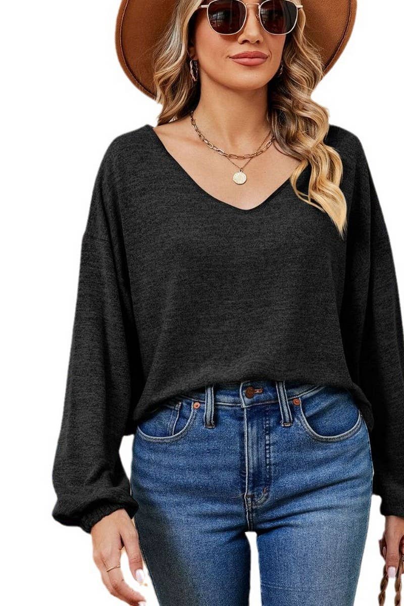 CWTBLL2402_SOLID COLOR V-NECK LONG-SLEEVED CROPPED TOP