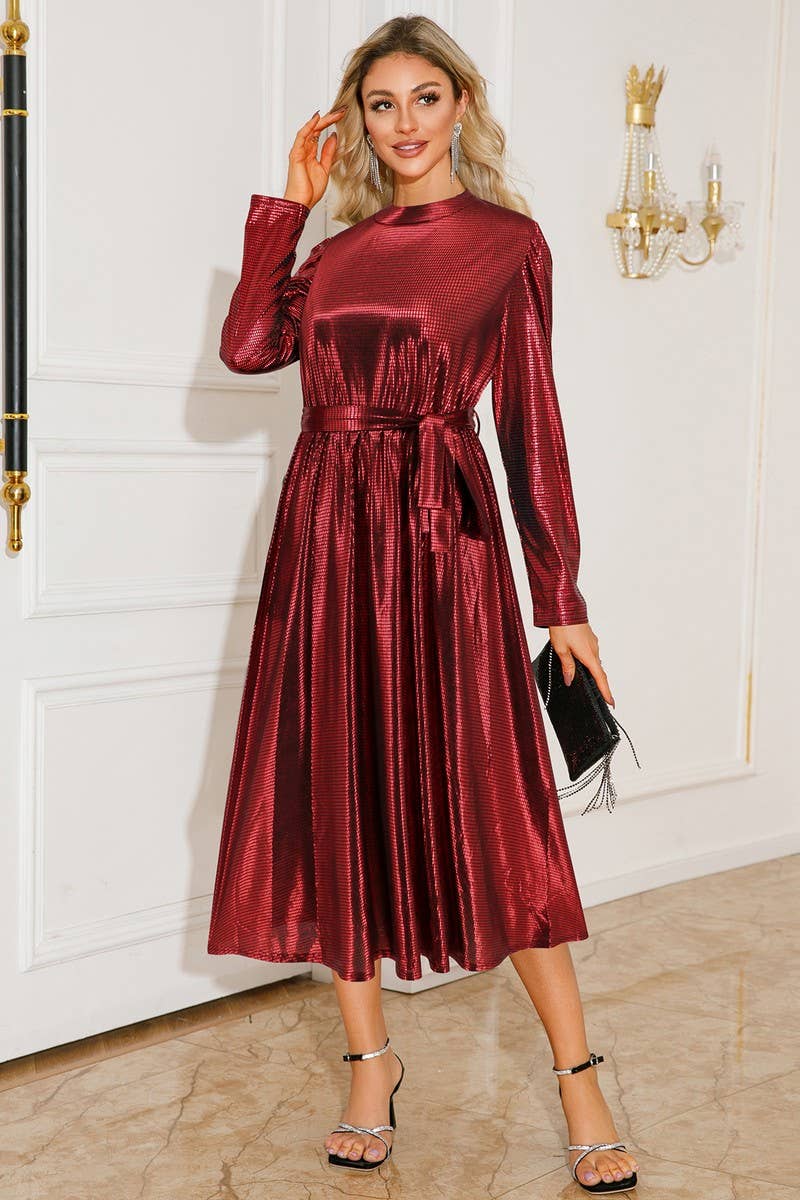 CWDMD3987_SOLID COLOR LONG SLEEVE TIE PARTY DRESS