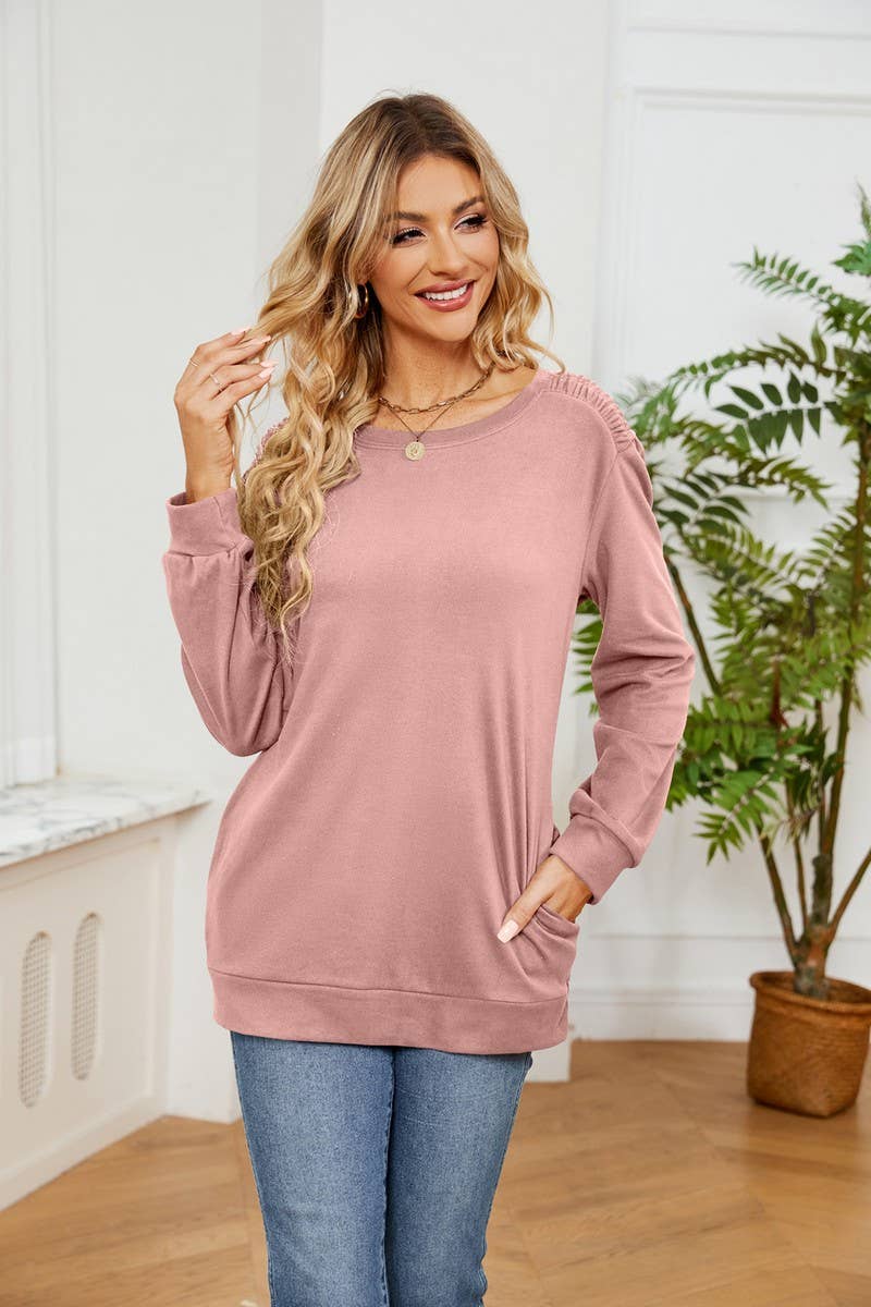 CWTBLL2384_SOLID COLOR ROUND NECK LONG SLEEVE POCKET T-SHIRT