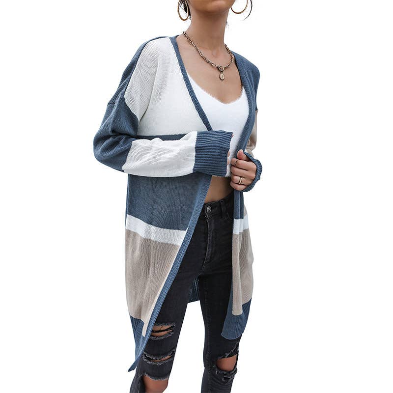 Color-blocking casual long knitted cardigan