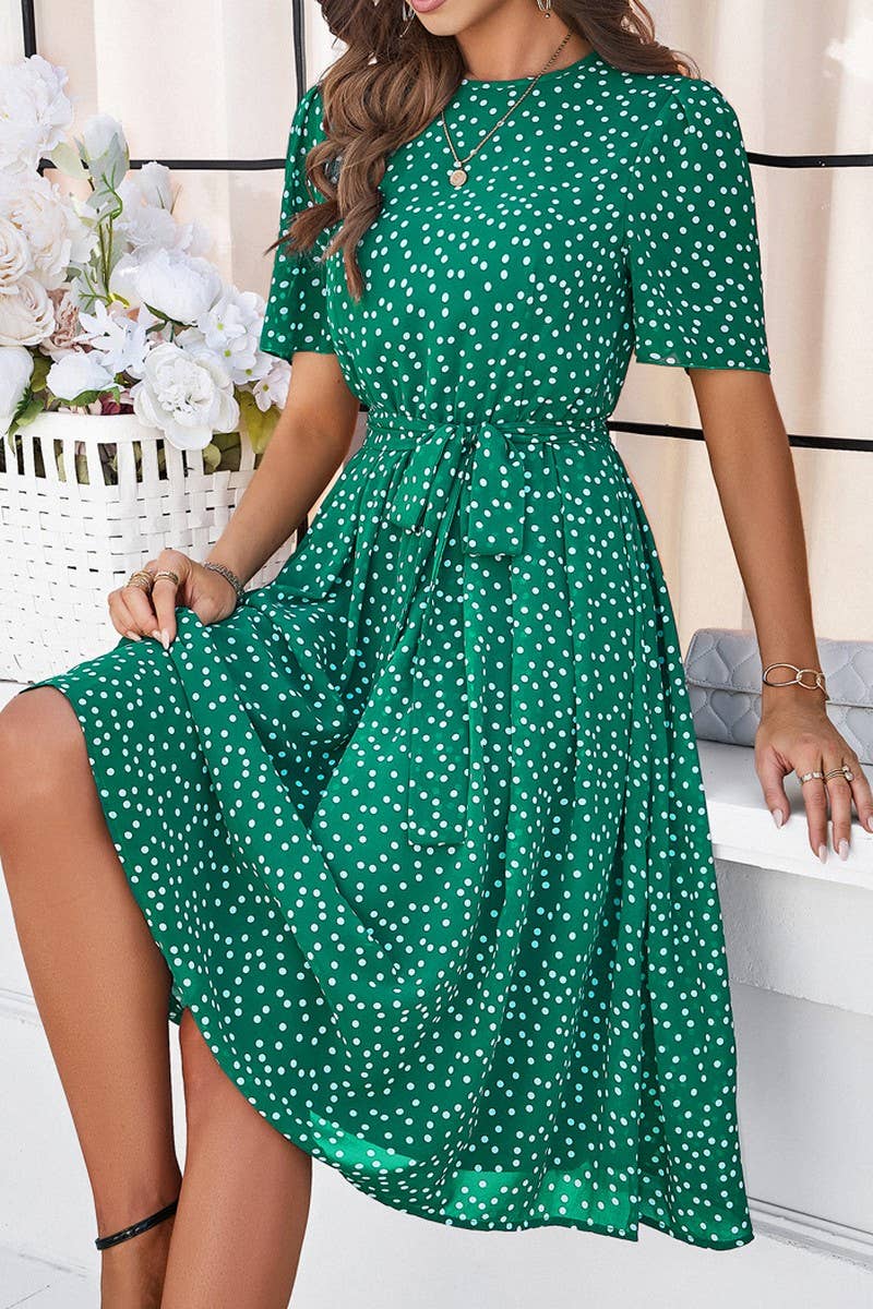 CWDSD7139_TEMPERAMENT CASUAL POLKA DOT LACE-UP PRINT DRESS