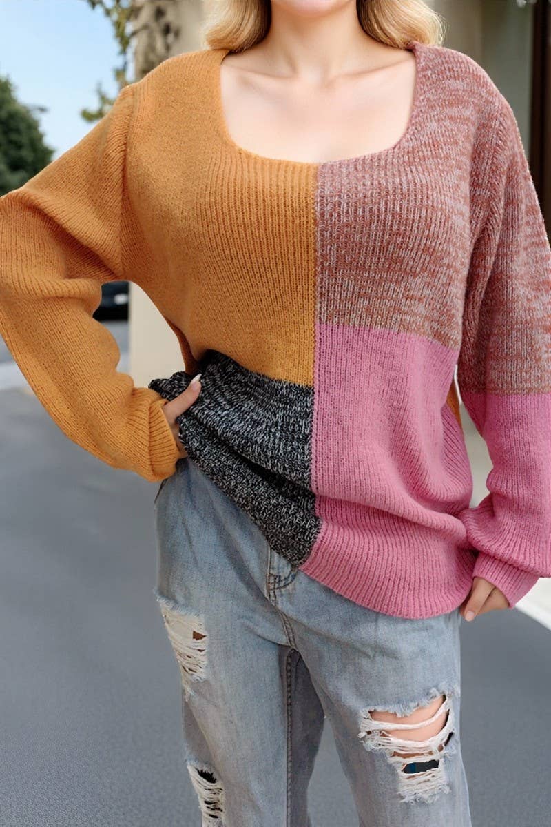 CWTTT00019_WOMEN COLOR BLOCK U NECK KNIT PULLOVER SWEATER