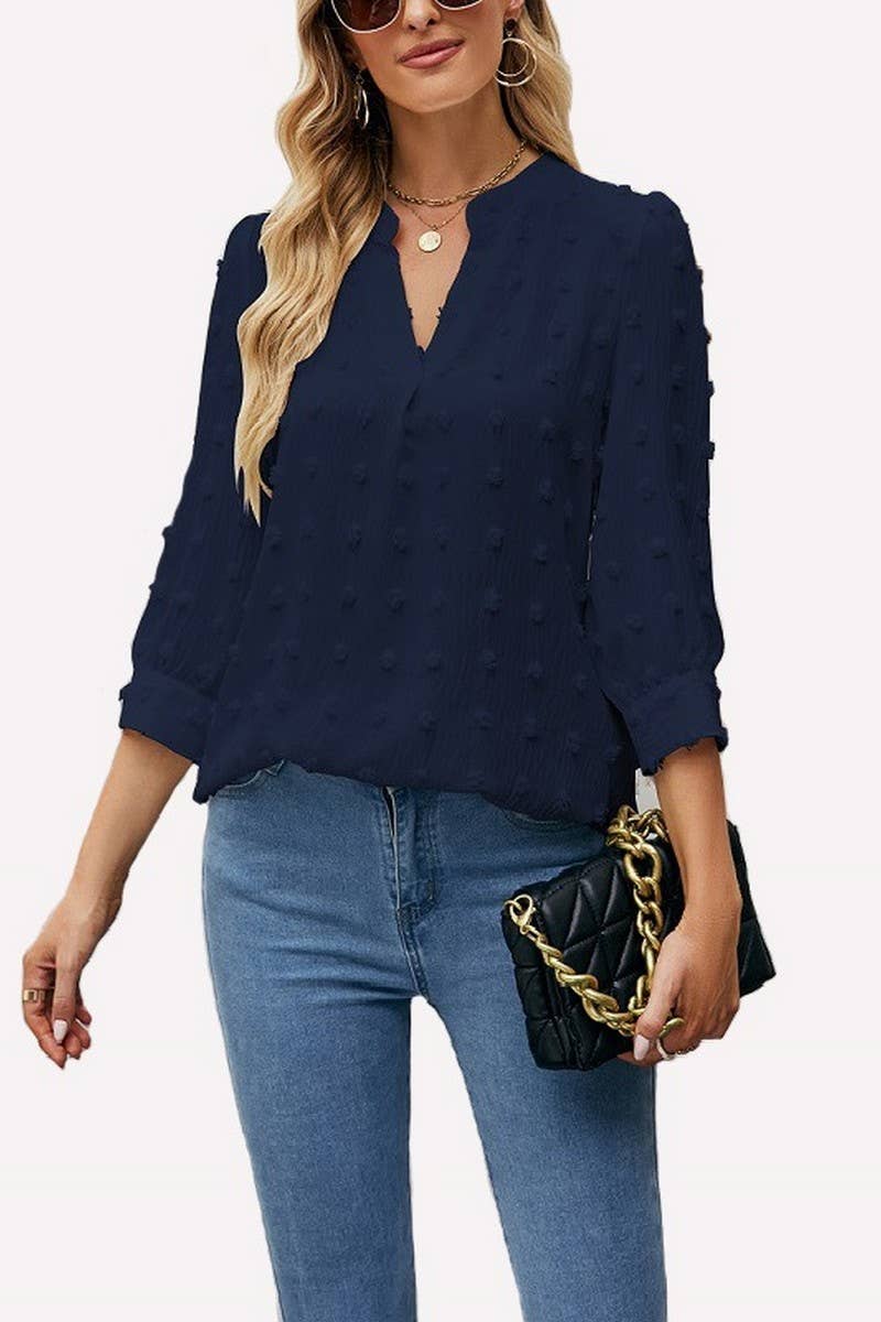 CWTBLL0802_FUR BALL CASUAL CHIFFON MID SLEEVE TOP