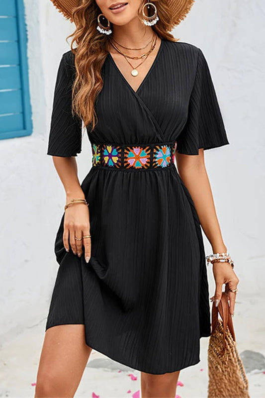 CWDSD7645_EMBROIDERED LACE TRIM ELASTIC WAIST SHORT DRESS