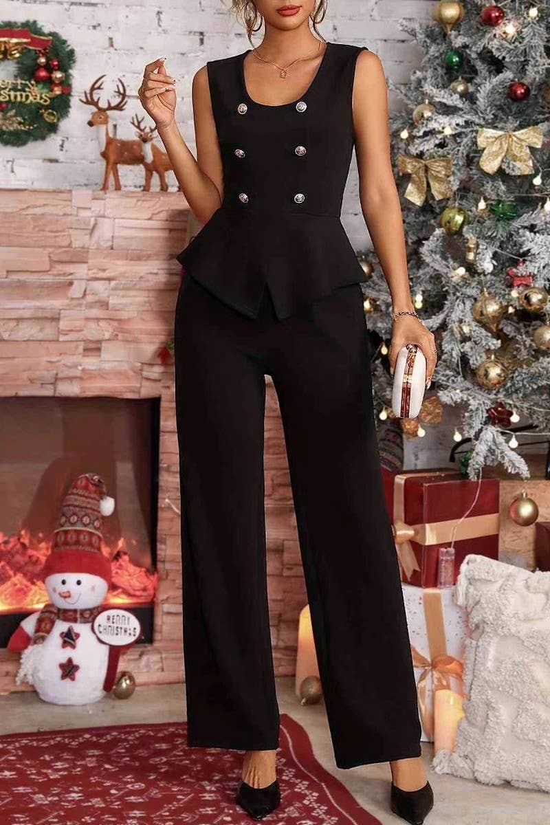 CWSS1130_TEMPERAMENT U-NECK VEST AND TROUSERS TWO-PIECE SET
