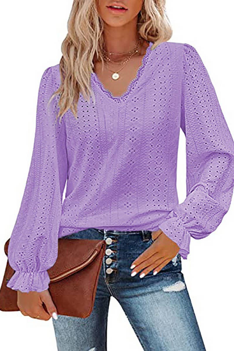 CWTBLL1046_V-NECK SOLID COLOR HOLLOW CASUAL LONG-SLEEVED TOP