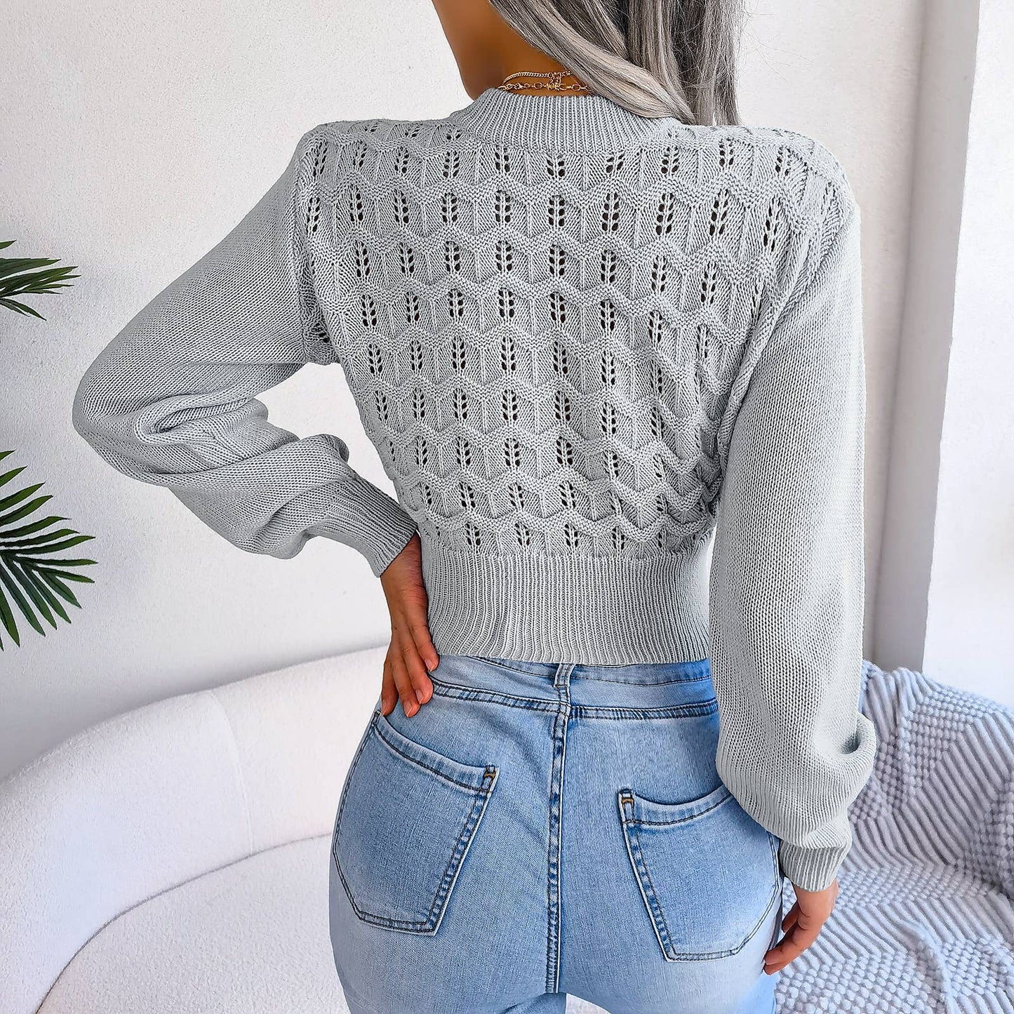 CUT-OUT STRIPED LANTERN SLEEVE CROP KNIT SWEATER
