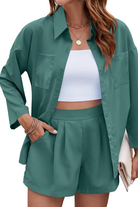 CWSTB1677_LAPEL THREE-QUARTER SLEEVE SHIRT AND SHORTS SUIT