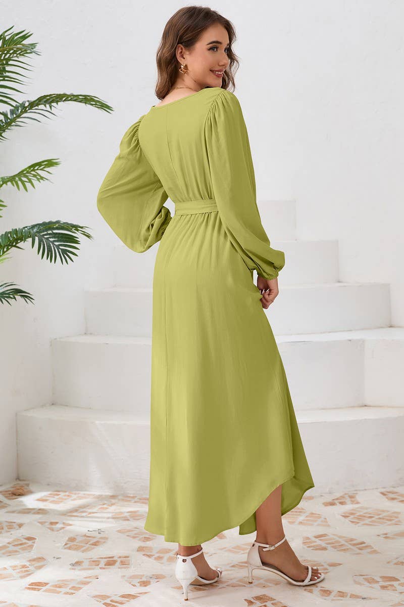 CWDMD4001_ROUND NECK TIE BUBBLE LONG SLEEVE DRESS