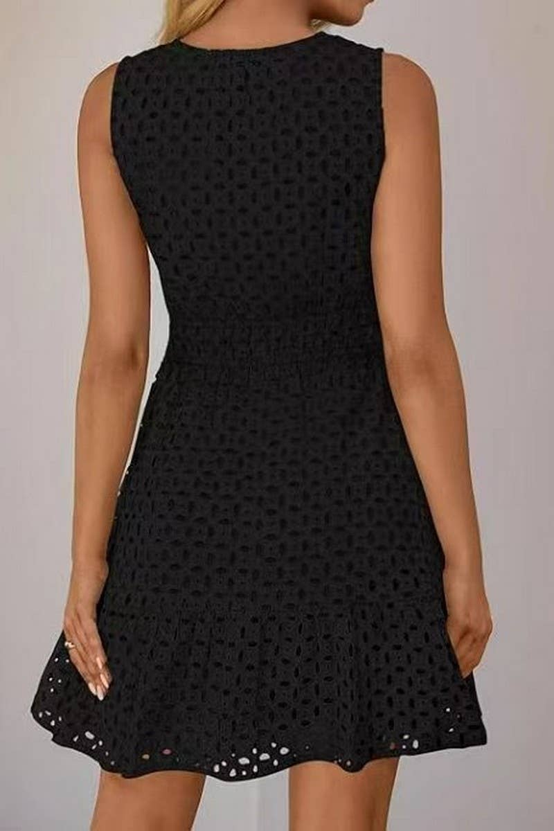 CWDSD8008_SUMMER V-NECK HOLLOW EYELET HIGH WAIST DRESS