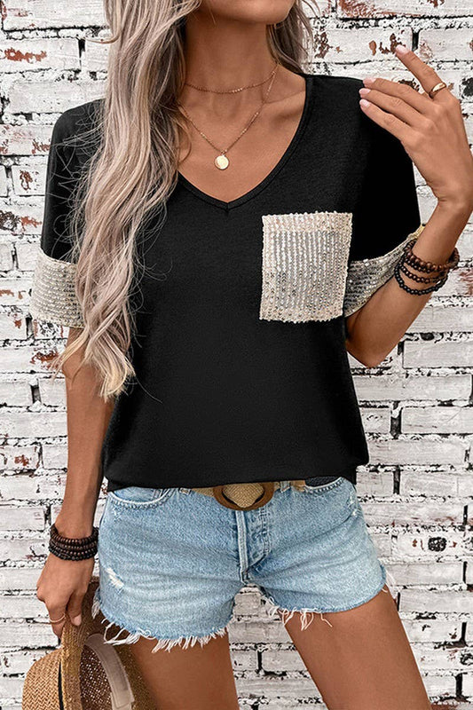 CWTBLS1993_CASUAL BLACK & WHITE COLORBLOCK SEQUIN T-SHIRT