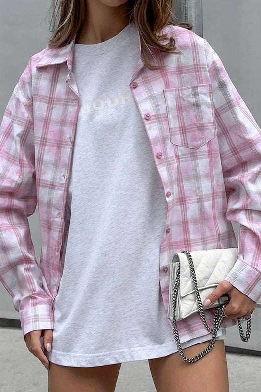 CWTBLL00596_LOOSE PINK AND WHITE PLAID LONG-SLEEVED SHIRT