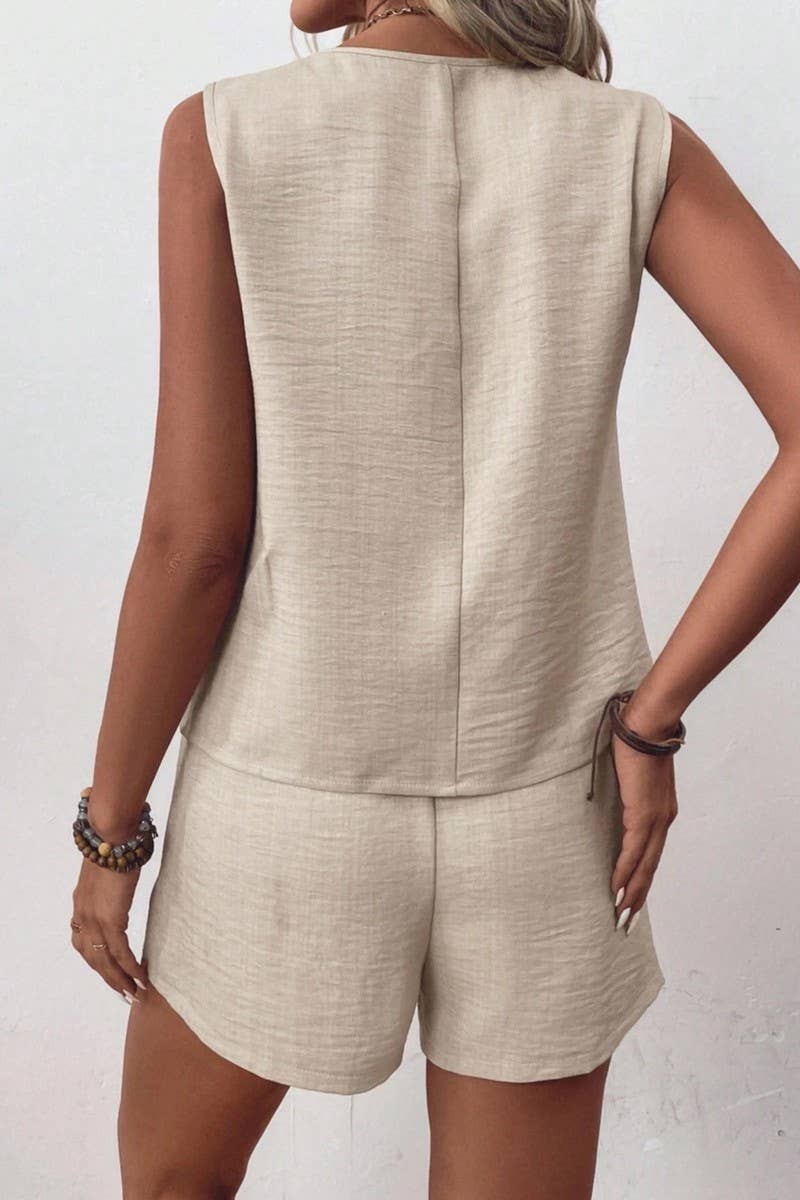 CWSS1088_SOLID COLOR V-NECK IRREGULAR VEST SHORTS SET