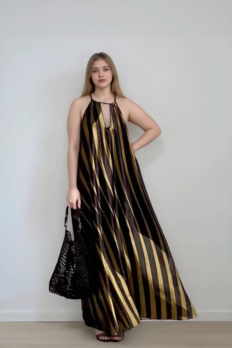 CWDMD6485_STRIPED V-NECK TIE WAIST BEACH MAXI DRESS