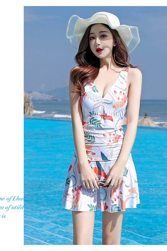CWMW0865_V-NECK SLEEVELESS PRINTED SKIRT-STYLE SWIMSUIT