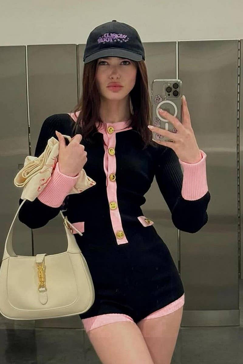 CWSJS1288_SLIM-FIT KNITTED CONTRAST LONG-SLEEVED JUMPSUIT