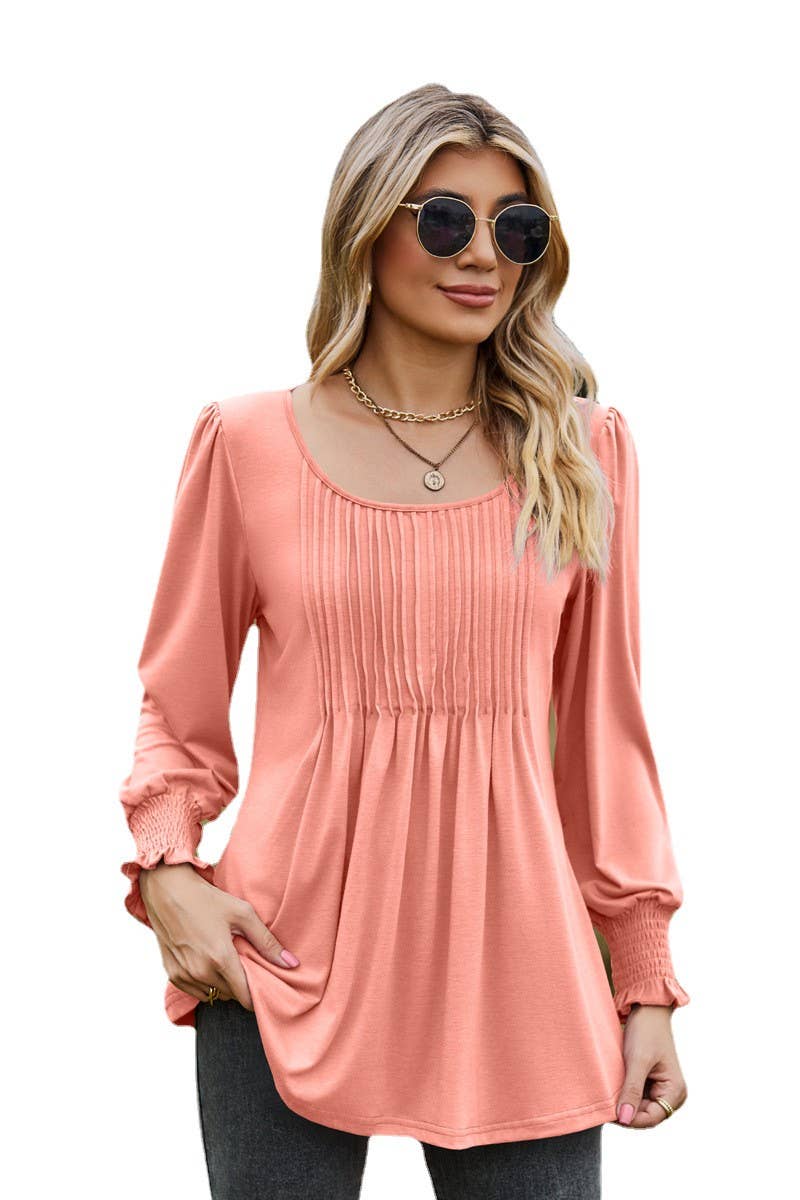 CWTBLL3687_NEW AUTUMN SOLID COLOR ROUND NECK DRAW CUFFS TOP