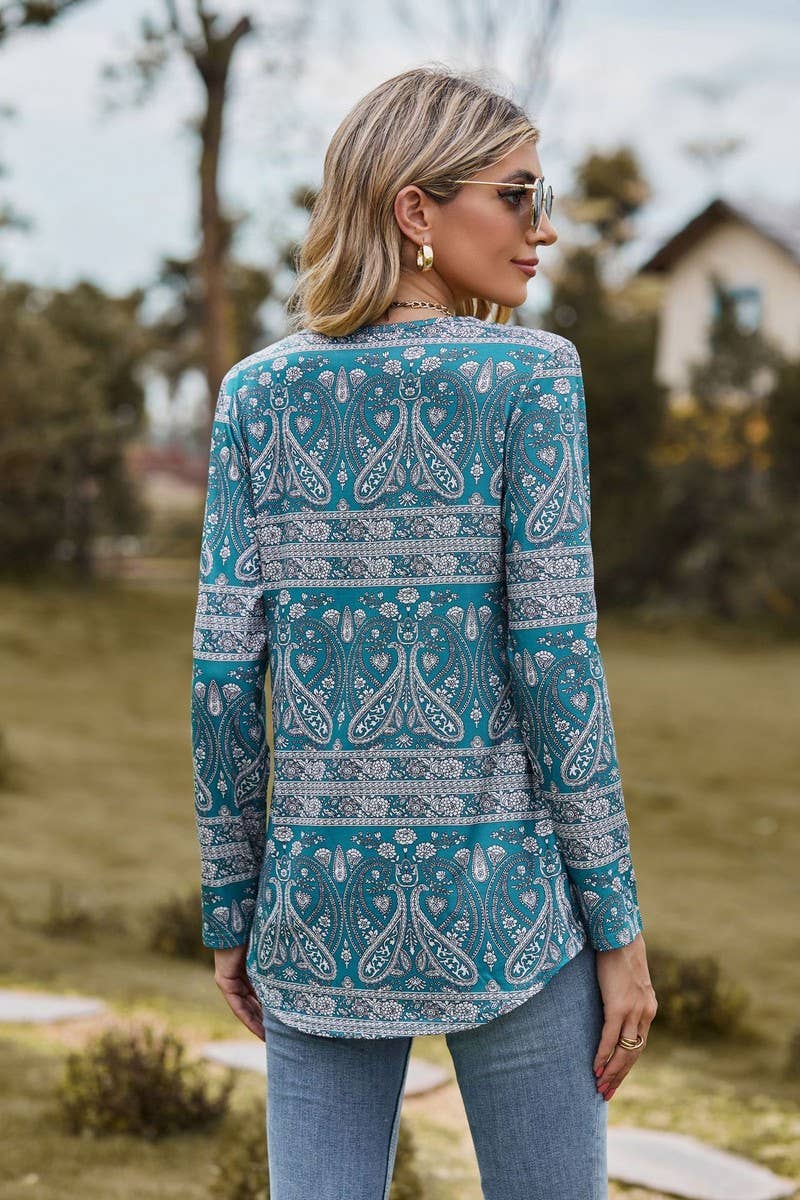 CWTBLL1043_SQUARE NECK PRINTED LONG SLEEVE CASUAL TOP