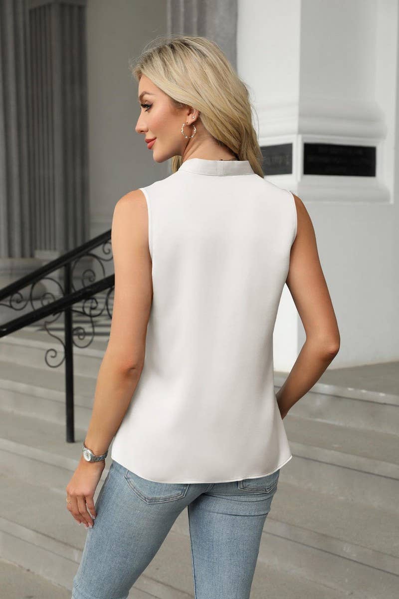 CWTBLSL0963_SATIN BUTTON V-NECK SLEEVELESS BLOUSE