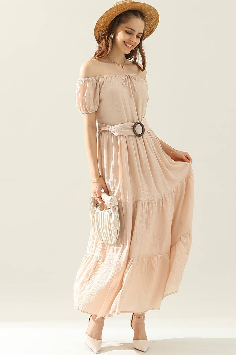 CWDMD812_TIERED OFF SHOULDER SHORT SLEEVE MAXI DRESS