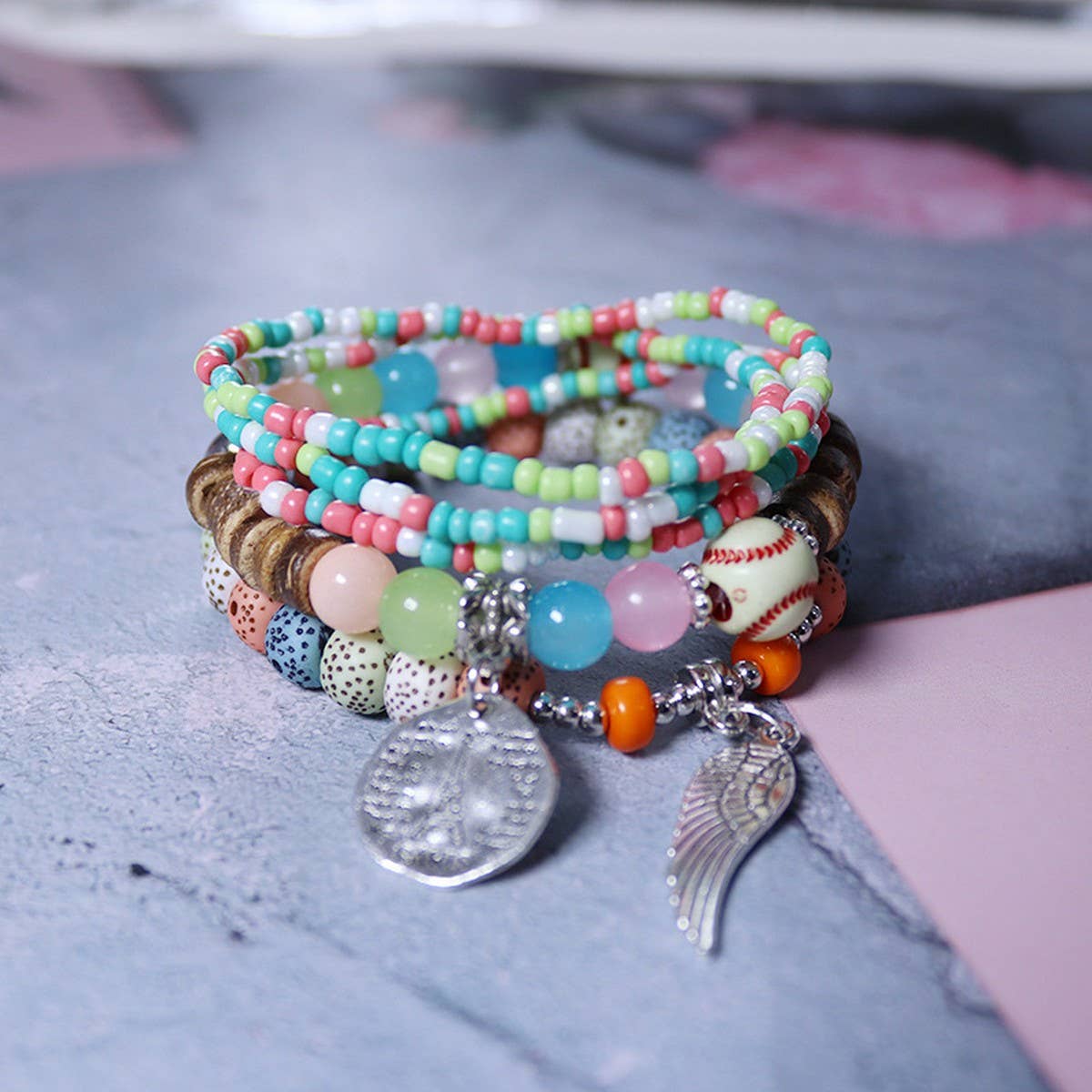 RICE BEAD PENDANT ELASTIC CORD BRACELET