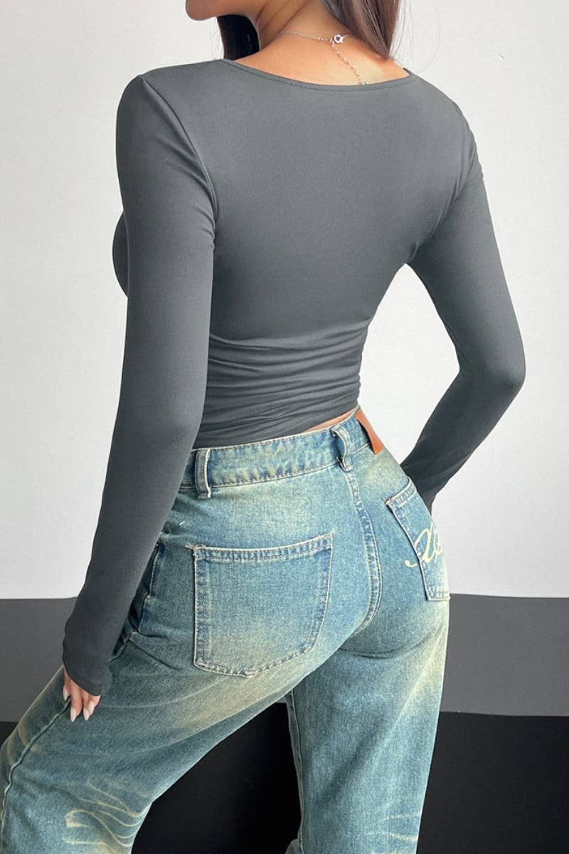 CWTBLL2469_FALL SQUARE NECK SLIM LONG-SLEEVED TOP