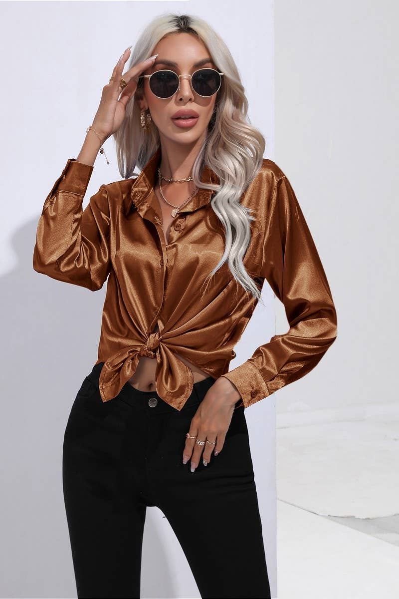 CWTBLL0690_Button Down Silky Satin Long Sleeve Top