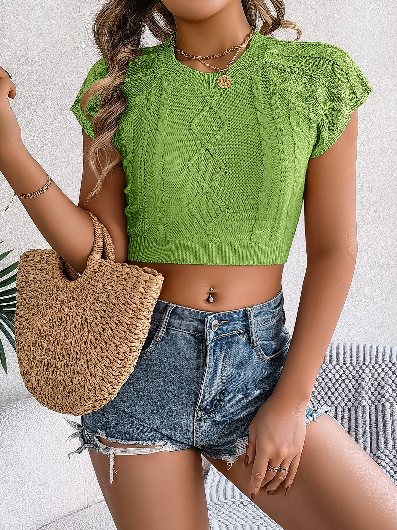 Casual solid color twist crop knitwear