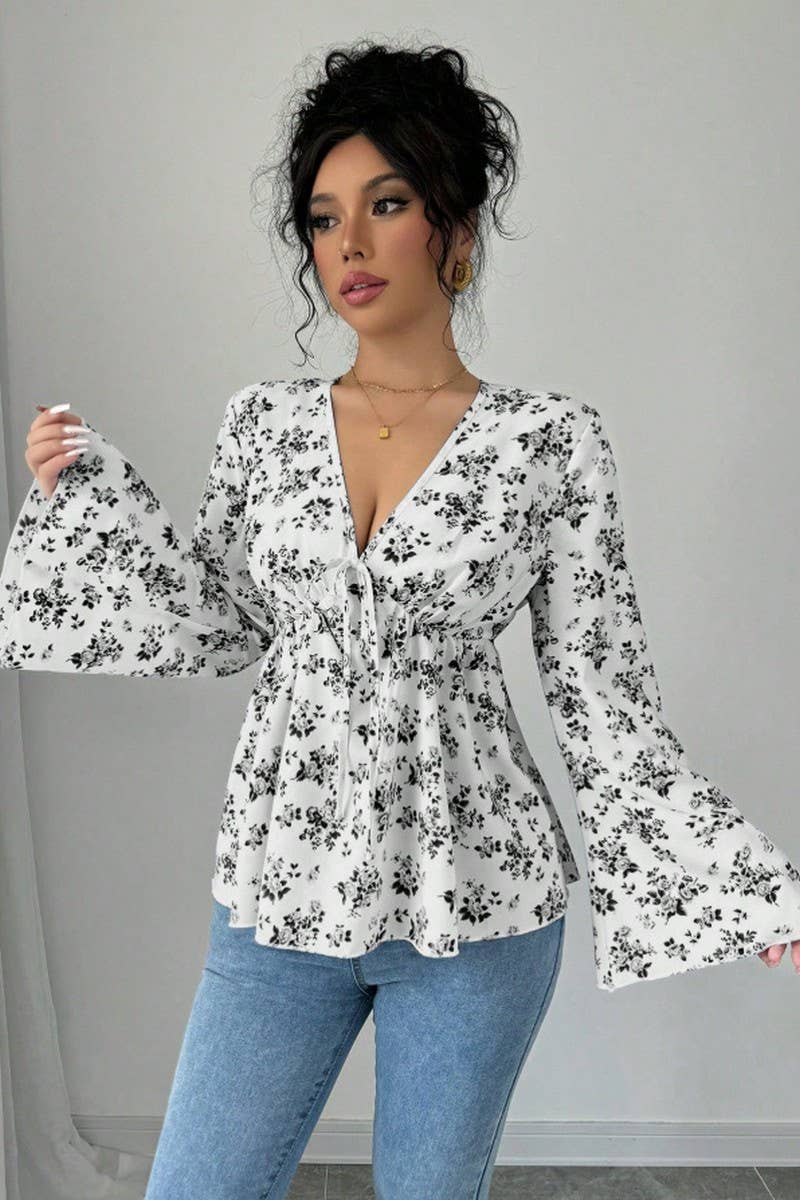 CWTBLL01068_V NECK FLORAL PRINT HIGH WAIST BLOUSE