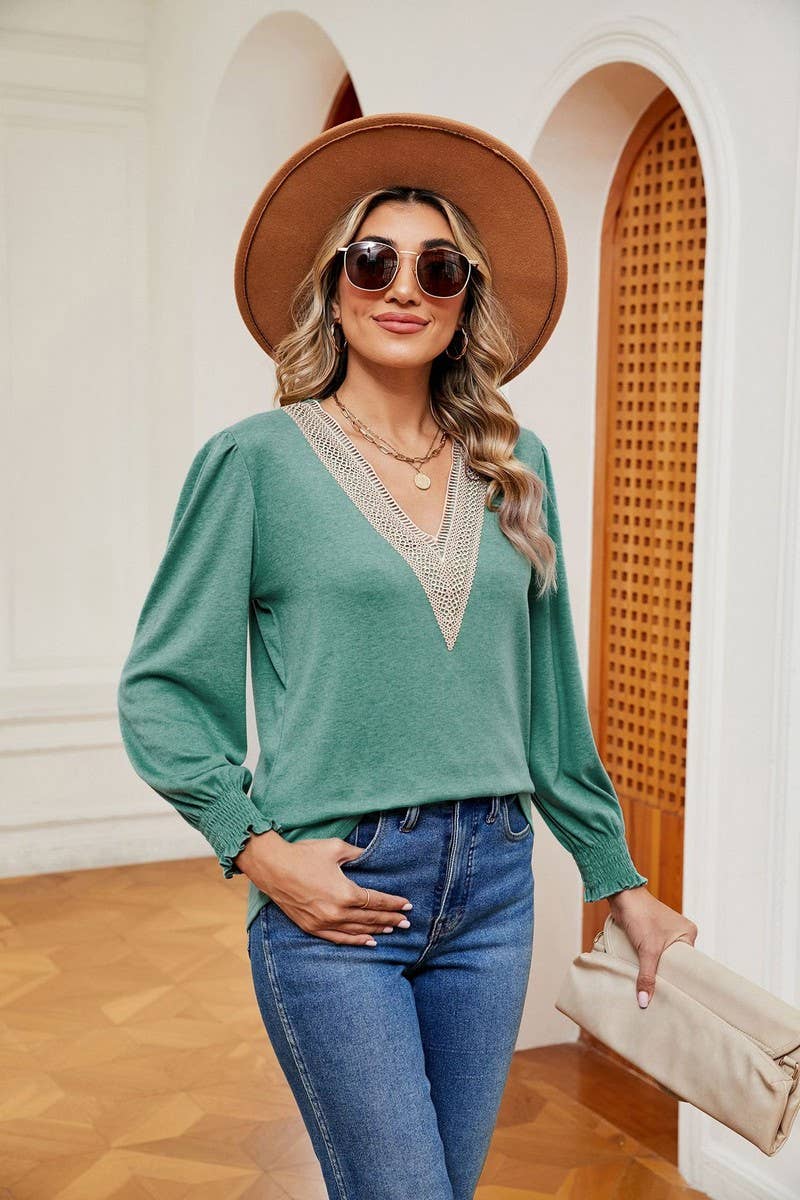 CWTBLL2396_V NECK LACE TRIM LONG SLEEVE LOOSE PULLOVER