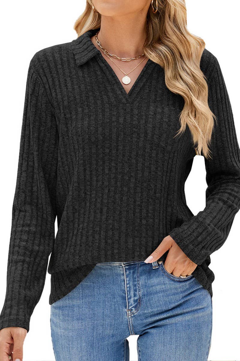 CWTBLL01314_RIBBED KNIT POLO LONG SLEEVE LOOSE TEE