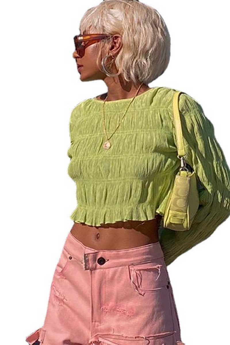 CWTBLL3445_SOLID COLOR RUFFLED CREW NECK LONG SLEEVE TOP