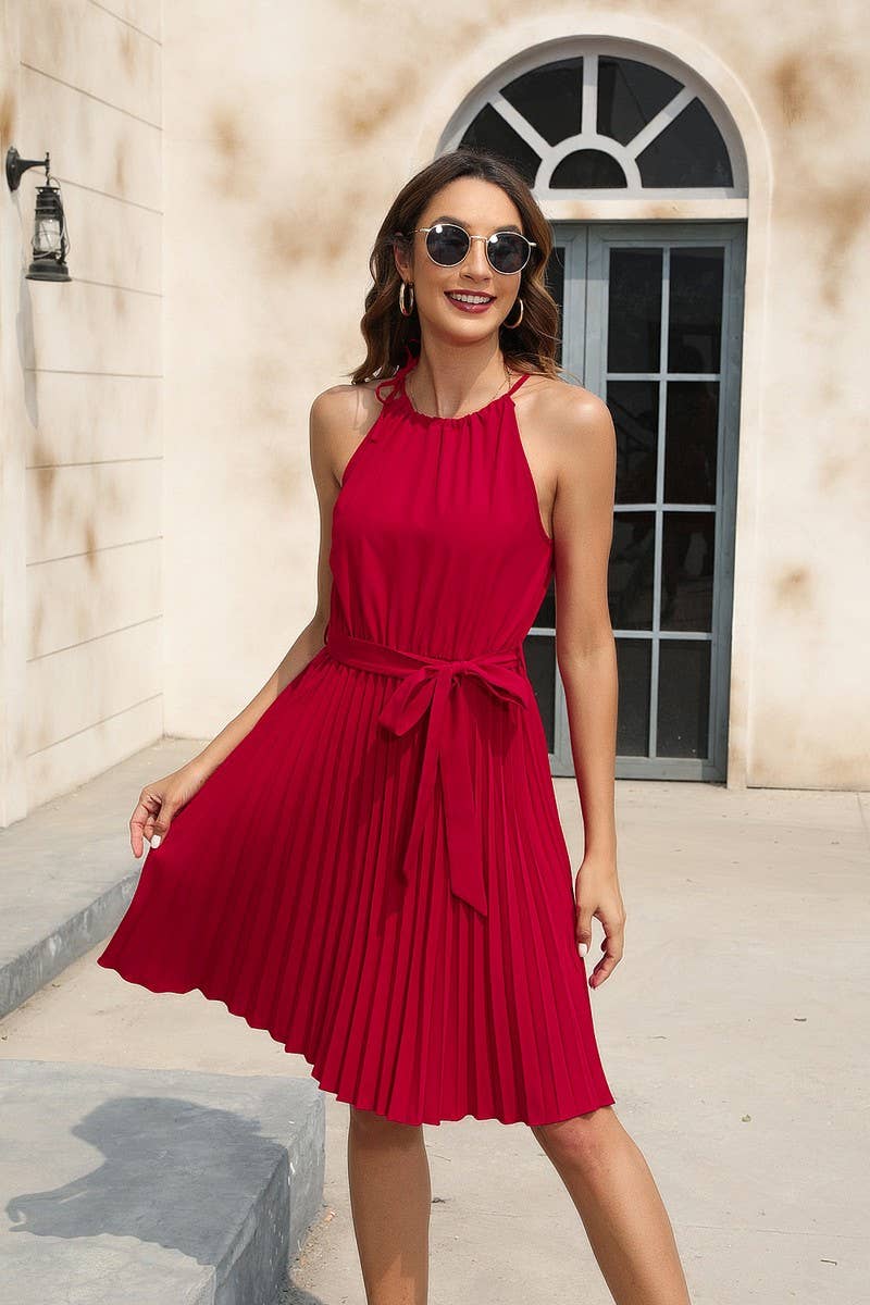 CWDSD4008_SOLID COLOR WAISTBAND SHORT DRESS