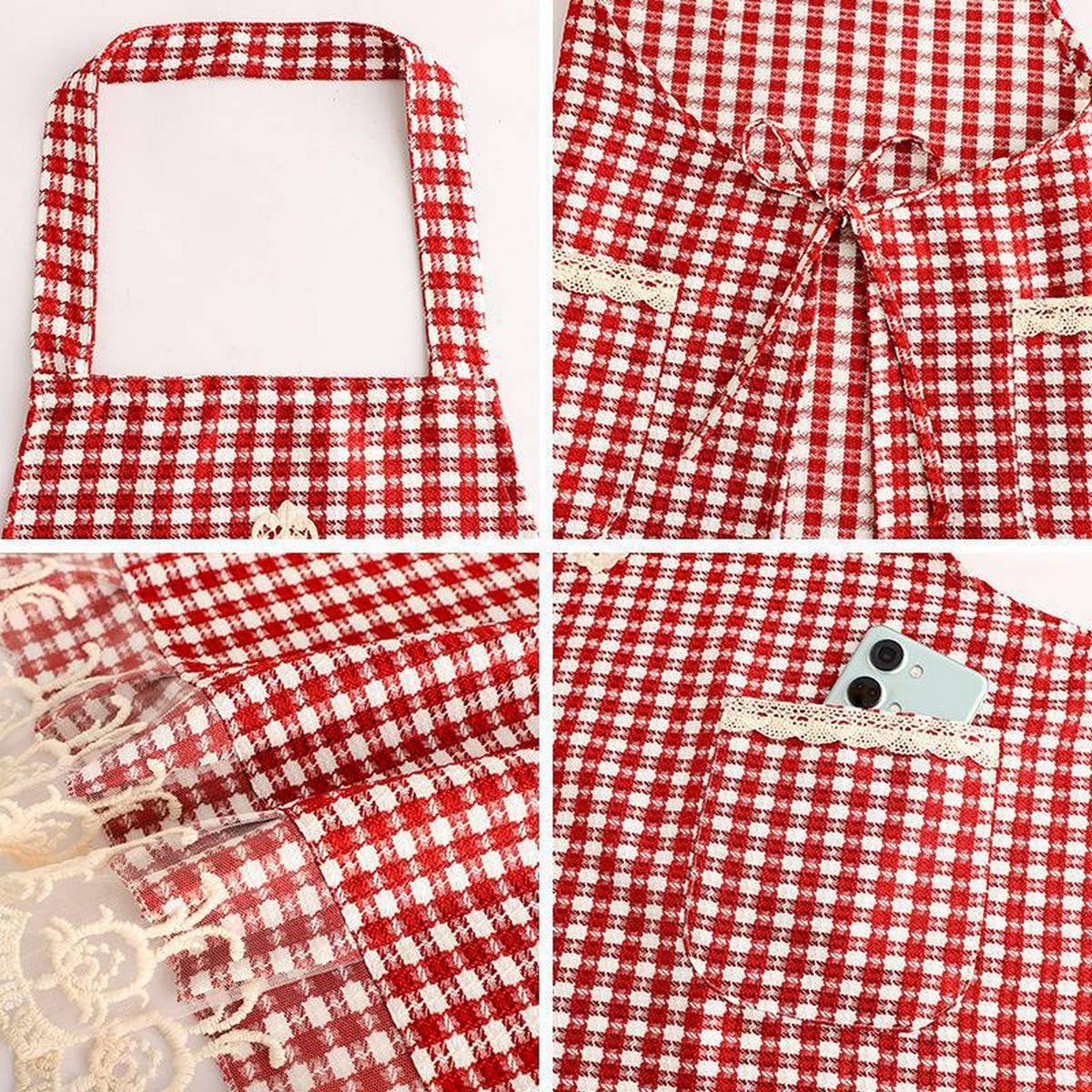 Plaid Lace Princess apron with pockets bulk_CWMM2042