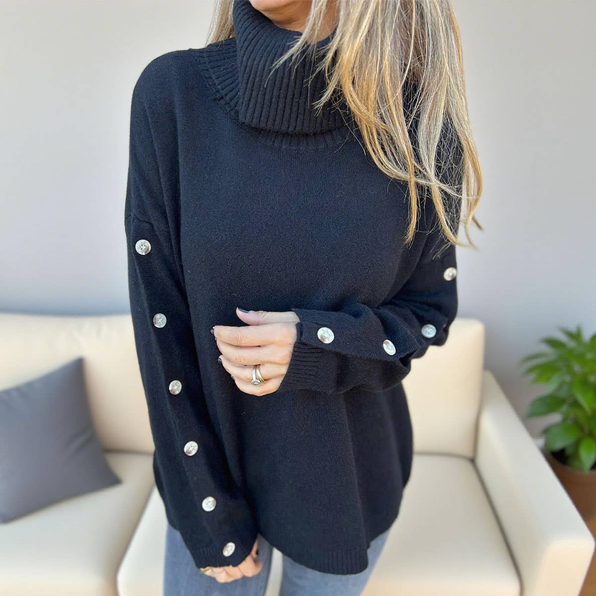 Casual high-neck button-down knitted sweater