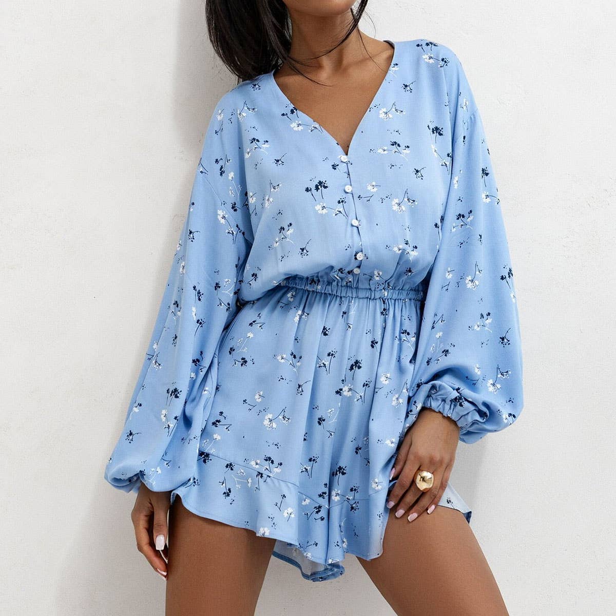 Fashionable printed long-sleeved one-piece shorts