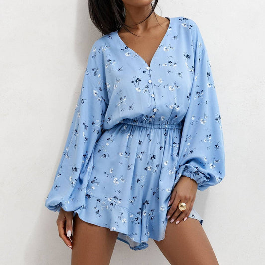 Fashionable printed long-sleeved one-piece shorts